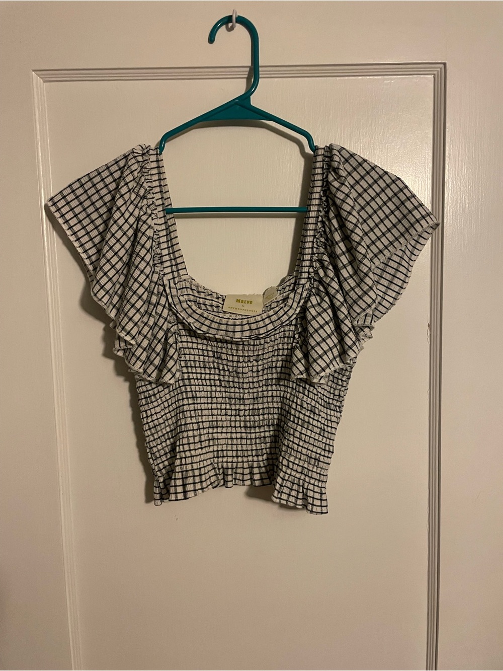 Maeve for Anthropologie crinkle gingham smocked top Size Medium